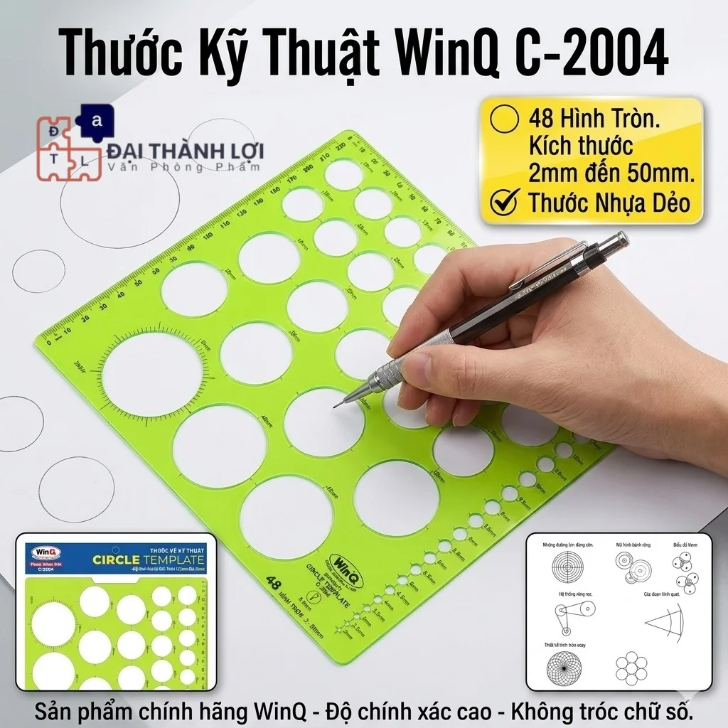 Thước Vẽ Hình Tròn / Thước Lỗ Tròn Nhựa Dẻo WinQ/ Win-Q Qui Lực C-2004 Không Bị Mờ Số