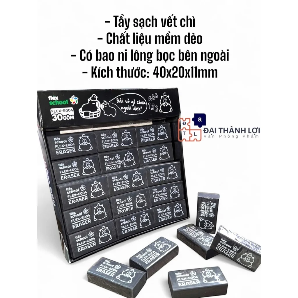 Gôm Tẩy Bút Chì - Gôm Đen (SIZE Trung) Flex Learn FLEX-E004 -Eraser, tẩy sạch, không rách giấy