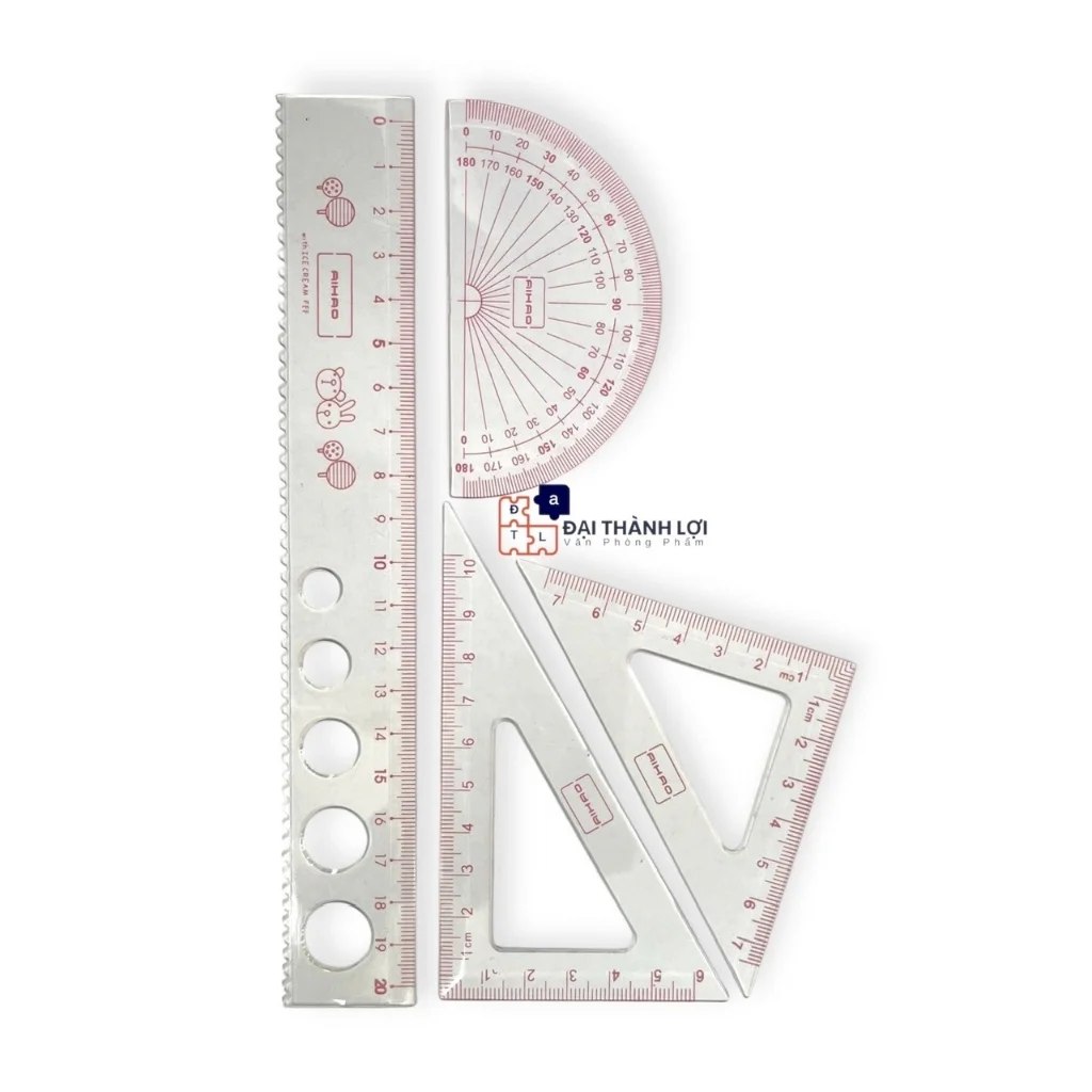 Thước Nhựa Bộ 4 Món 20CM (Thước thẳng, Đo độ, Eke, Tam giác cân)Tiện Lợi Aihao