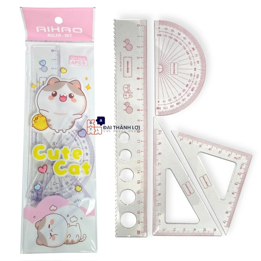 Thước Nhựa Bộ 4 Món 20CM (Thước thẳng, Đo độ, Eke, Tam giác cân)Tiện Lợi Aihao
