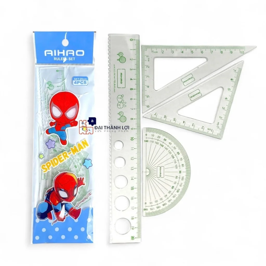 Thước Nhựa Bộ 4 Món 20CM (Thước thẳng, Đo độ, Eke, Tam giác cân)Tiện Lợi Aihao