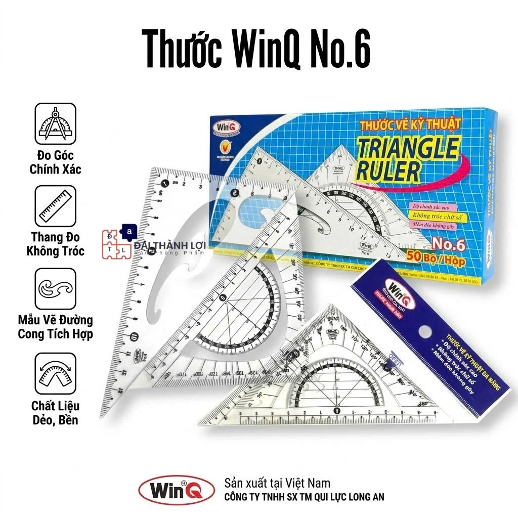 Bộ Thước Vẽ Kỹ Thuật WinQ No.6 Nhựa Dẻo LOẠI LỚN Không Bị mờ số LỚN