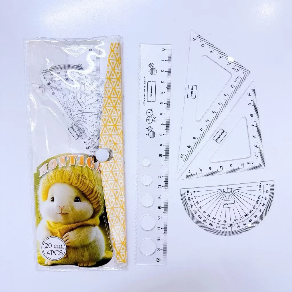 Thước Bộ Cứng 4 Món 20CM (Thước thẳng, đo độ, eke, tam giác cân) túi nhựa nút tiện lợi Aihao Chính Hãng (Màu Ngẫu Nhiên)