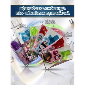 Thước Dẻo Bộ 4 Món 15CM (Thước thẳng, đo độ, eke, tam giác cân) túi nhựa nút tiện lợi Aihao, Chính Hãng(Màu Ngẫu Nhiên)