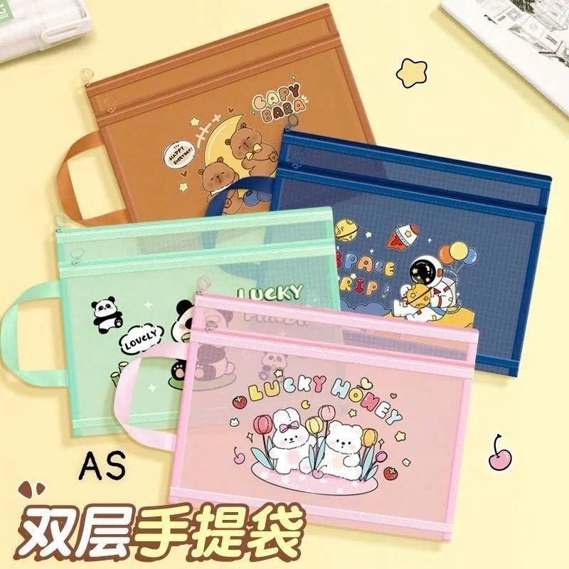 Túi Lưới , Túi lưu trữ lưới 2 Ngăn A4 / A5 / A6, Túi đựng hồ sơ hai lớp dung lượng lớn nhiều hình dễ thương