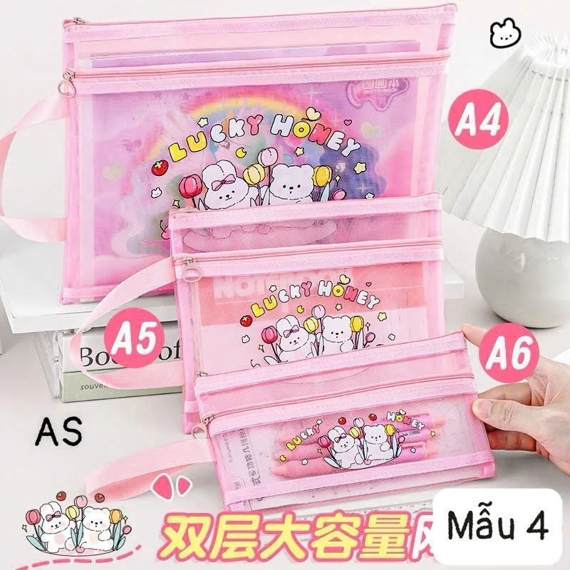 Túi Lưới , Túi lưu trữ lưới 2 Ngăn A4 / A5 / A6, Túi đựng hồ sơ hai lớp dung lượng lớn nhiều hình dễ thương