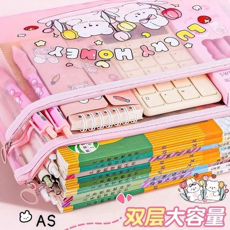 Túi Lưới , Túi lưu trữ lưới 2 Ngăn A4 / A5 / A6, Túi đựng hồ sơ hai lớp dung lượng lớn nhiều hình dễ thương