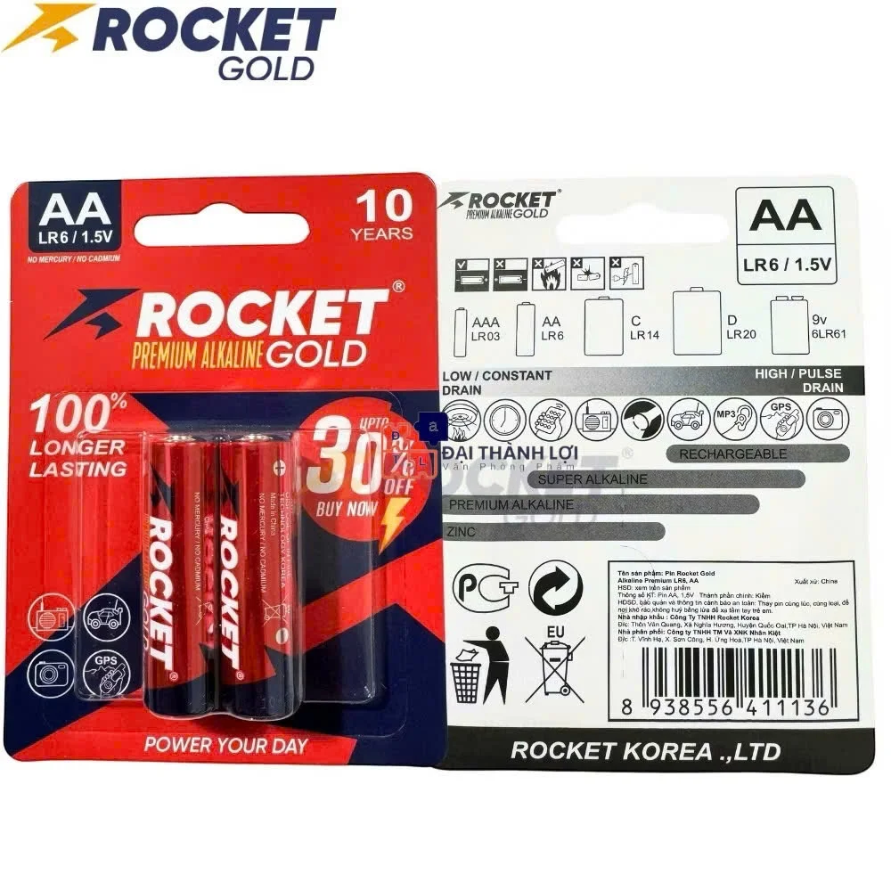 PIN AA Alkaline ROCKET GOLD ( Đỏ ) Tăng 30% dung lượng , Pin tiểu, pin đũa hạn sử dụng 10 năm