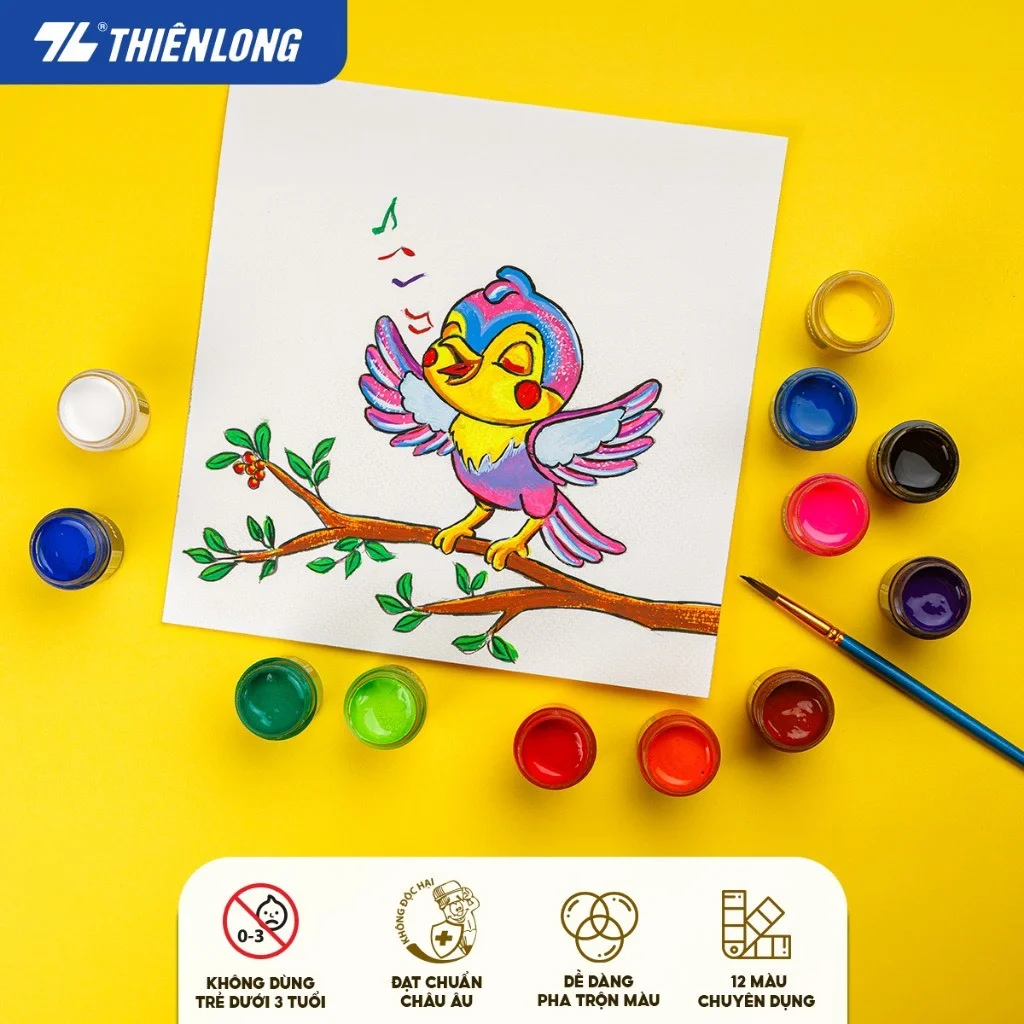 WACO-05 Bộ màu nước 15ml Thiên Long Colokit 12 màu chuyên dụng - Màu tươi sáng, an toàn sử dụng, dễ dàng pha màu WACO-05