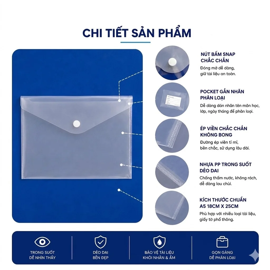 Bìa nút A5 Túi Đựng Bài Kiểm Tra Nhựa PP