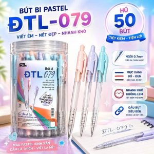 Hũ 50 Bút Bi ĐTL-079 Pastel – Ngòi 0.7mm – Mực Xanh/Đỏ/Đen Viết Êm ,Đều Mực